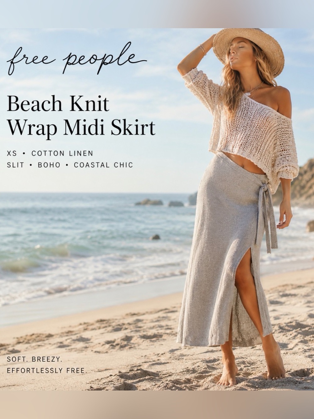 Free People Beach Knit Wrap Midi Skirt XS Cotton Linen Slit Boho Coastal Chic